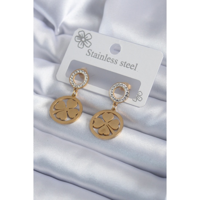 316L Çelik Gold Renk Zirkon Taşlı Yonca Model Kadın Küpe - BJ-BKP7988