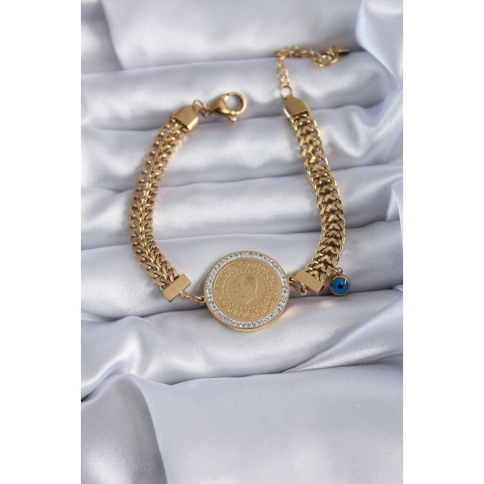316L Çelik Gold Renk Çeyrek Model Hasır Zincir Zirkon Taş Detay Kadın Bileklik - BJ-BB5586