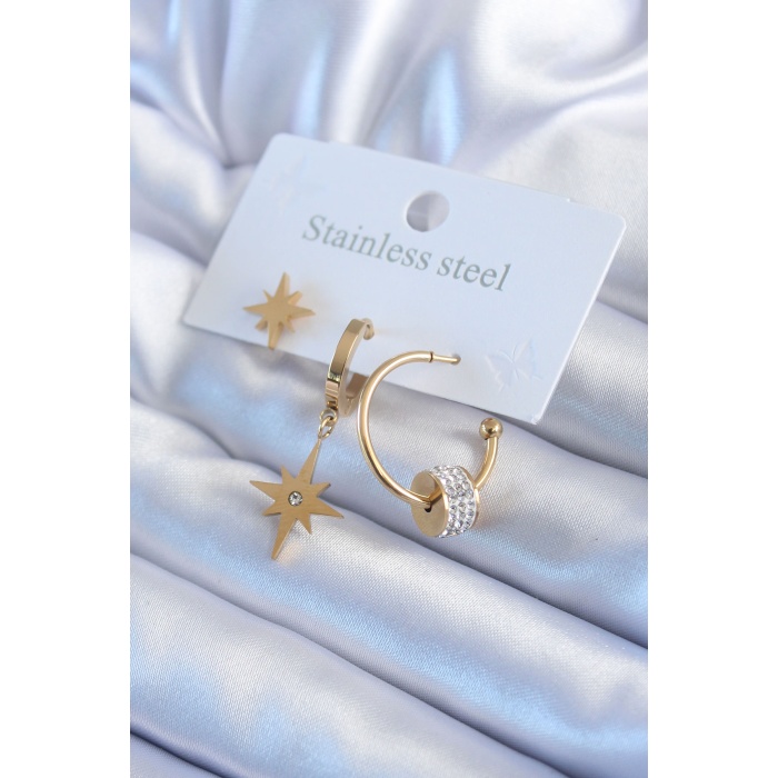 316L Çelik Gold Renk Kutup Yıldızı Model Zirkon Taş Detay Kadın Küpe - BJ-BKP8006