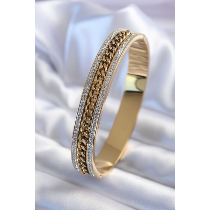 316L Çelik Gold Renk Zirkon Taşlı Zincir İşleme Kadın Kelepçe - BJ-BB5590