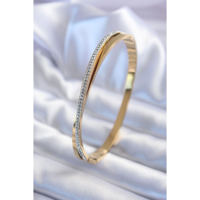 316L Çelik Gold Renk Sarmal Model Zirkon Taşlı Kadın Kelepçe - BJ-BB5591