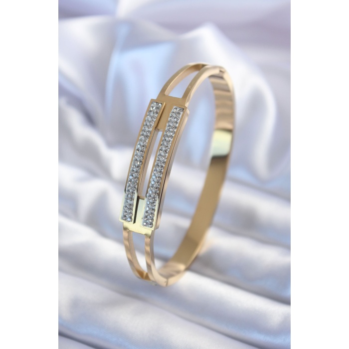 316L Çelik Gold Renk Kaburga Model Zirkon Taşlı Kadın Kelepçe - BJ-BB5596