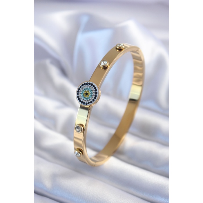 316L Çelik Gold Renk Nazar Boncuk Model Zirkon Taş Detay Kadın Kelepçe - BJ-BB5602