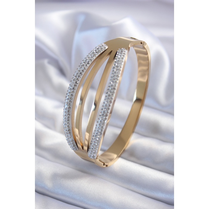 316L Çelik Gold Renk Kaburga Model Zirkon Taşlı Kadın Kelepçe - BJ-BB5604