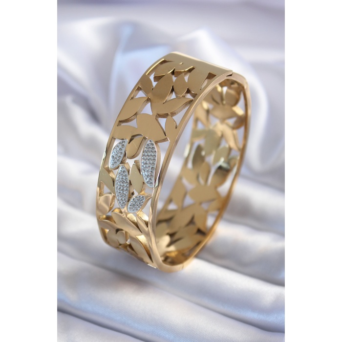 316L Çelik Gold Renk Kalın Yaprak İşleme Zirkon Taş Detay Kadın Kelepçe - BJ-BB5605