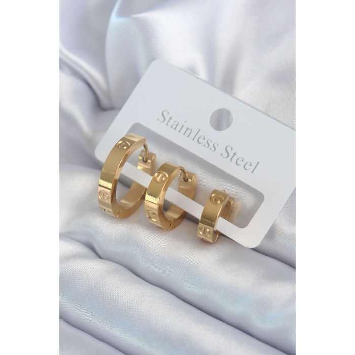 316L Çelik Gold Renk 3lü Cartier Model Kadın Küpe - BJ-BKP8035