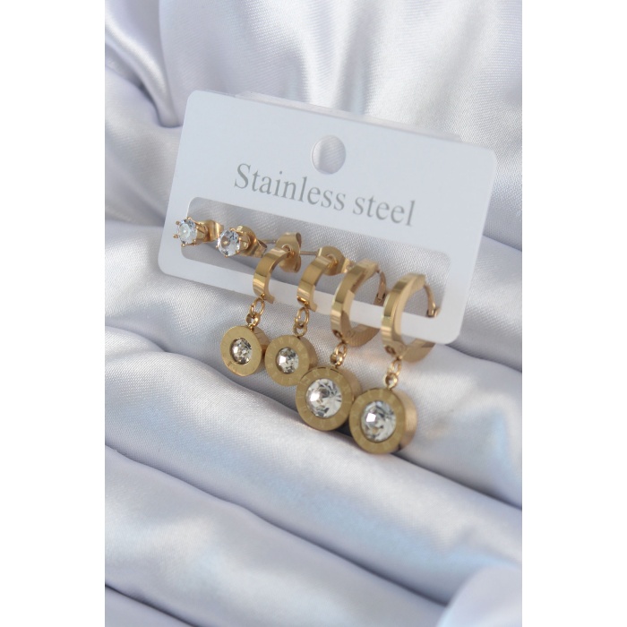 316L Çelik Gold Renk Zirkon Taşlı Kadın Küpe Seti - BJ-BKP8040