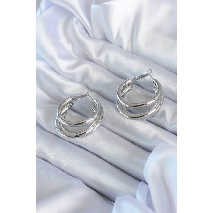 Gümüş Renk Halka Model Pirinç Kadın Küpe - BJ-BKP8054