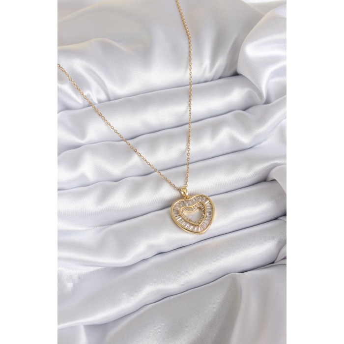 316L Çelik Zincir Gold Renk Zirkon Taş Kalp Model Kadın Küpe - BJ-BKO7805