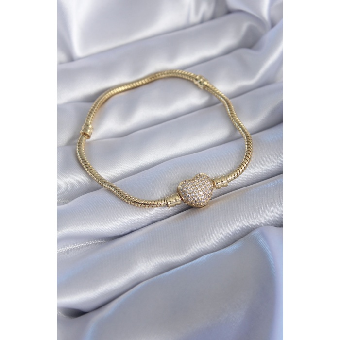 316L Çelik Gold Renk Zirkon Taşlı Kalp Model Kadın Charm Bileklik - BJ-BB5607