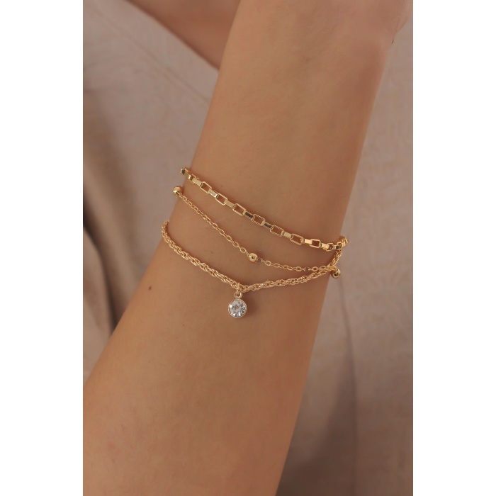 Gold Renk 2li Zirkon Taşlı Kadın Bileklik - BJ-BB4763