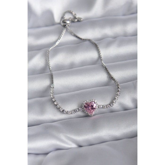 Gümüş Renk Pembe Zirkon Taşlı Charm Kadın Asansörlü Bileklik - BJ-BB5624