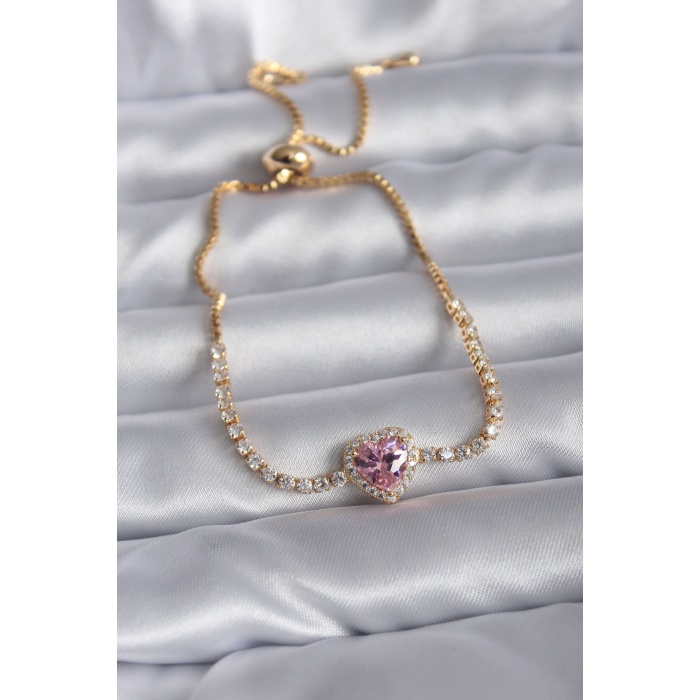 Gold Renk Pembe Zirkon Taşlı Charm Kadın Asansörlü Bileklik - BJ-BB5625
