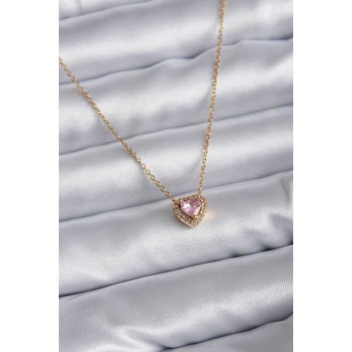 316L Çelik Zincir Gold Renk Pembe Zirkon Taşlı Charm Kadın Kolye - BJ-BKO7818