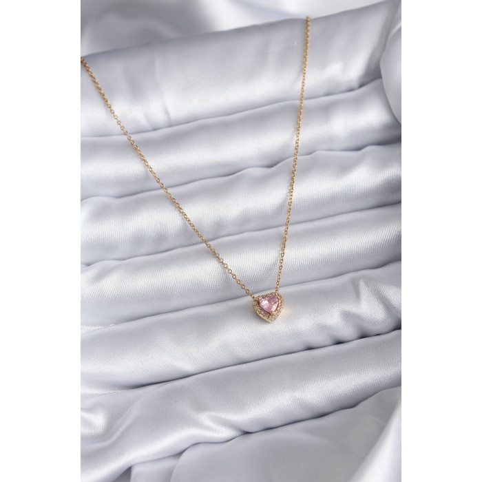 316L Çelik Zincir Gold Renk Pembe Zirkon Taşlı Charm Kadın Kolye - BJ-BKO7818