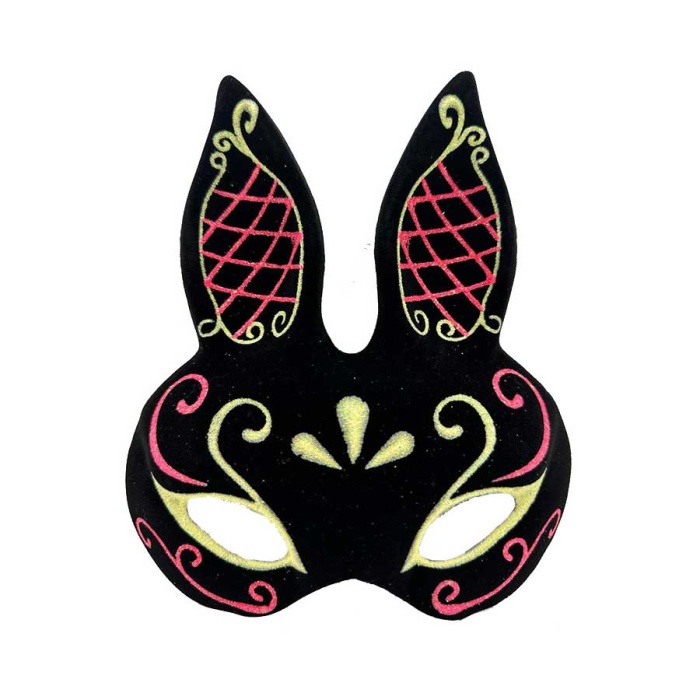 Siyah Renk Kırmızı Gold Simli Siyah Süet Kaplama Tavşan Maskesi 18x16 cm