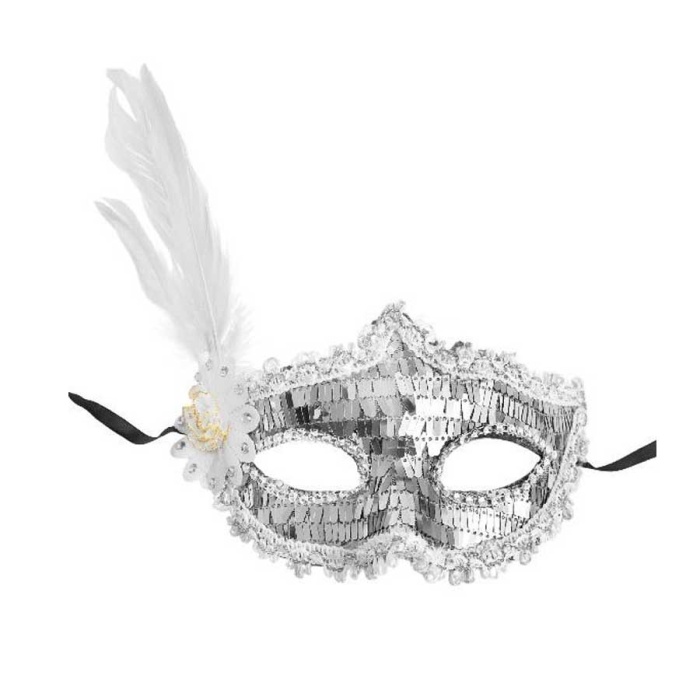 Gümüş Payetli Pullu Beyaz Renk Yandan Tüylü Parti Maskesi 18x22 Cm
