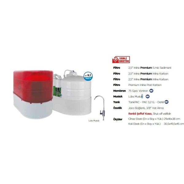 AquaTürk Safir Premium Pompalı Su Arıtma Cihazı (3-05-SFR-IN P)Kırmızı
