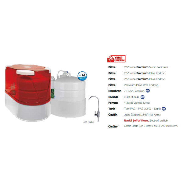 AquaTürk Prizma Premium Pompalı Su Arıtma Cihazı (3-05-PRZ-IN P)Kırmızı