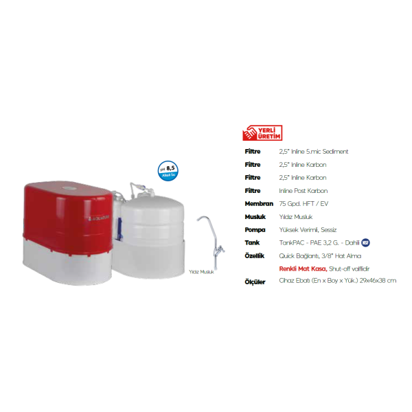 AquaTürk Safir Standart Pompalı Su Arıtma Cihazı (3-05-SFR-INC P)Kırmızı