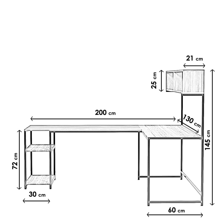 200*145*60 Cansın Raflı L Çalışma Masası Ceviz