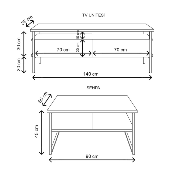 Burak Tv Sehpa Orta Sehpa Beyaz 140*50*35 / 90*45*60