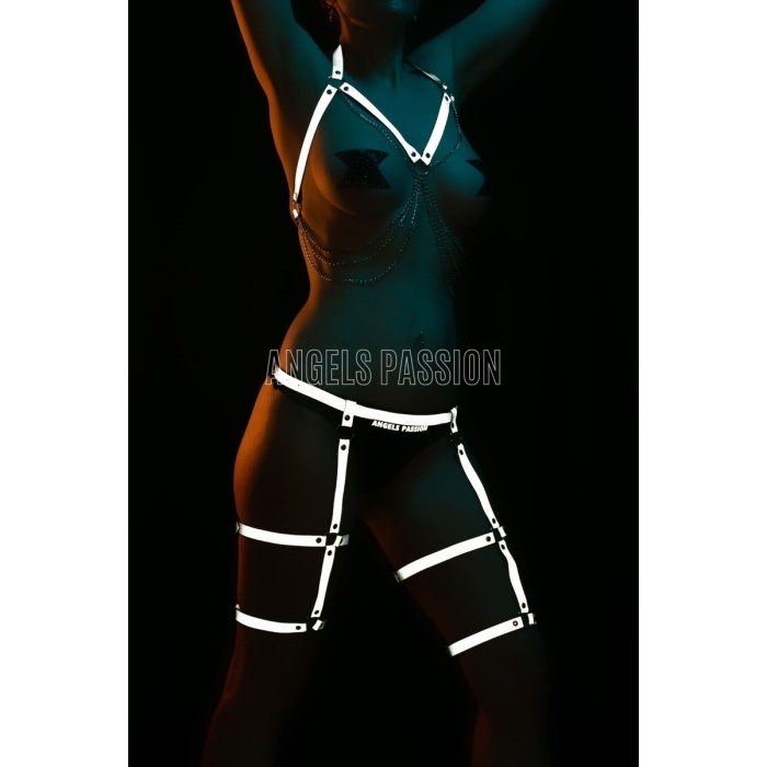 Erotik Giyim Dans Elbiseleri Reflektörlü Jartiyer Harness Takım - APFT497