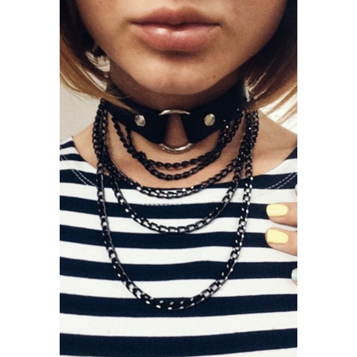 Siyah Zincir Detaylı Deri Choker - APFT664