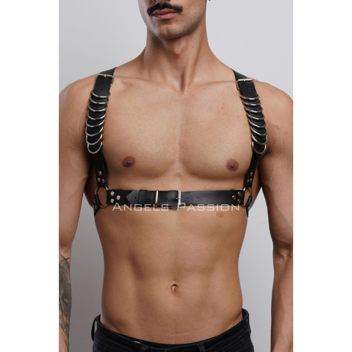 D Halka Detaylı Şık Erkek Göğüs Harness, Erkek Deri T-Shirt Aksesuar - APFTM92