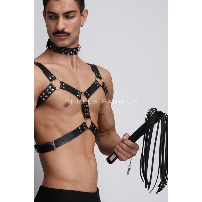 Kırbaç ve Çivili Choker Detaylı Erkek Fantazi Giyim, Deri Erkek Harness Takım - APFTM102