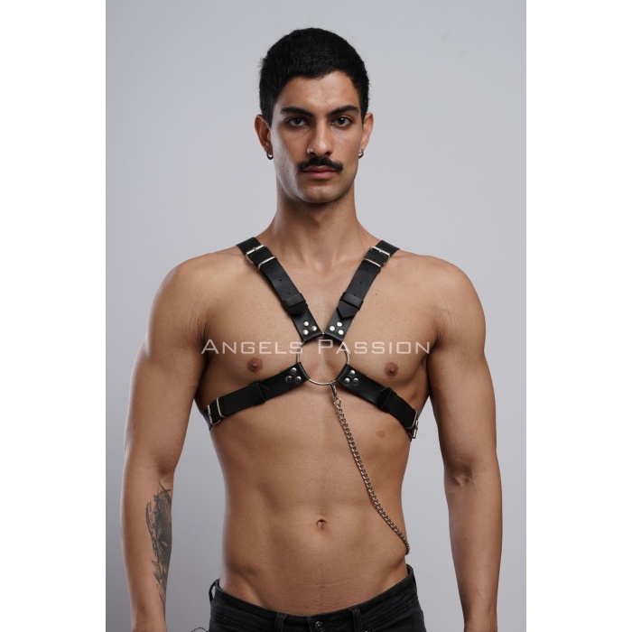 Zincir Detaylı Deri Erkek Göğüs Harness, Partywear, Clubwear - APFTM95