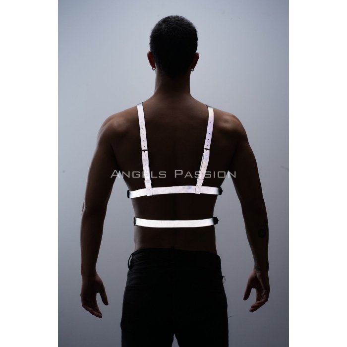Reflektörlü (Karanlıkta Parlayan) Omuz Detaylı Şık Erkek Göğüs Harness, 3 Çizgili Harness - APFTM45