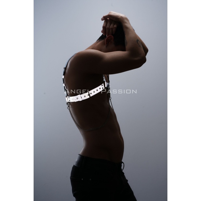 Reflektörlü (Karanlıkta Parlayan) Zincir Detaylı Şık Erkek Göğüs Harness, Reflektörlü Clubwear - APFTM109