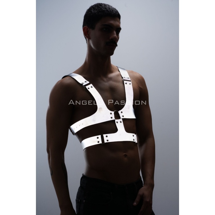 Reflektörlü (Karanlıkta Parlayan) Sert Göğüs Harness, Gay Harness Aksesuar, Gay Giyim - APFTM119