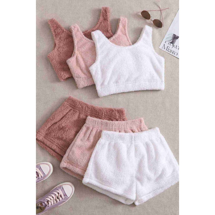 Merry See 3 Lü Set Kolsuz Askılı Peluş Polar Alt Üst Şortlu Pijama Takımı Çok Renkli