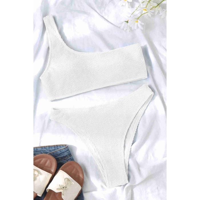 Angelsin Özel Fitilli Kumaş Bikini Takım Beyaz