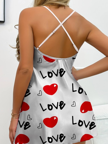 Love Desenli Beyaz Saten Gecelik