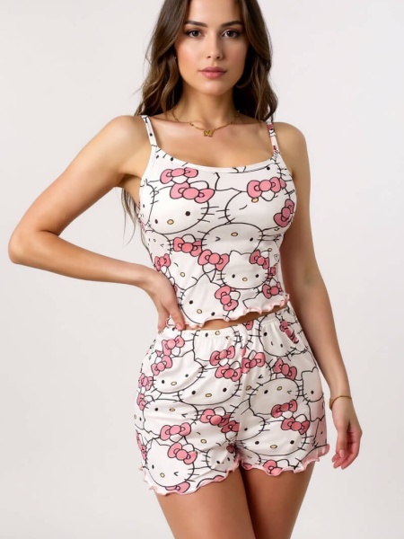 Hello Kitty Baskılı Askılı Şortlu Pijama Takımı