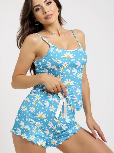 Papatya Baskılı Mavi Askılı Şortlu Pijama Takımı