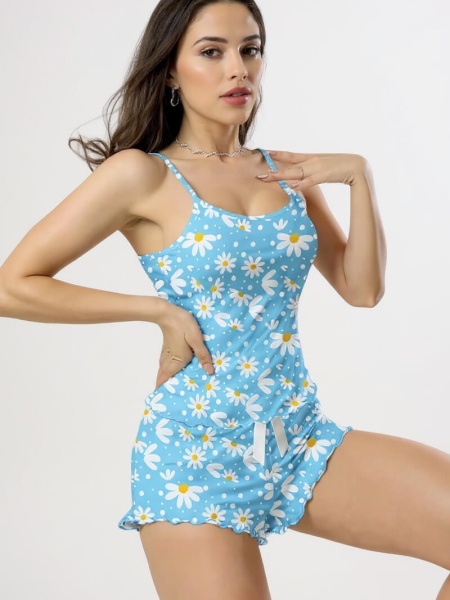 Papatya Baskılı Mavi Askılı Şortlu Pijama Takımı