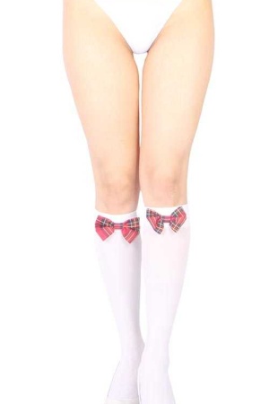 Leyna Beyaz Diz Altı Kırmızı Ekose Kurdeleli Çorap ve G-String S