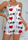 Love Desenli Beyaz Saten Şortlu Gecelik Takım