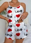 Love Desenli Beyaz Saten Şortlu Gecelik Takım