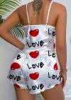 Love Desenli Beyaz Saten Şortlu Gecelik Takım