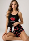 Çilek Baskılı Siyah Askılı Şortlu Pijama Takımı