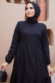 Güpürlü Elbise Boydan Astarlı Pamuk Kumaş Siyah