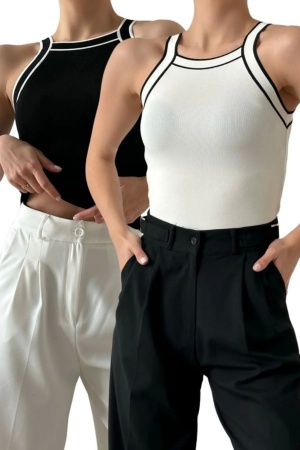 Lugmo 2 Adet Kadın Bluz Halter Yaka İnce Şeritli Örme Siyah-Beyaz