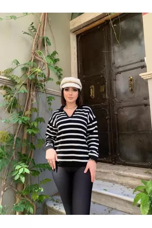 Kadın Polo Yaka Çizgili Uzun Kollu Triko Kazak V Yaka Siyah