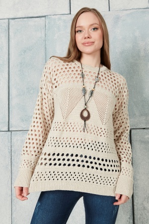 Lugmo Kadın Triko Ajurlu Bluz Crop Kolye Hediyeli Akrilik Üçgen Desenli Taş