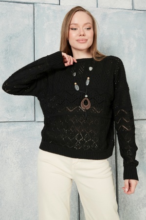 Lugmo Kadın Triko Ajurlu Bluz Crop Kolye Hediyeli Akrilik Dalgalı Siyah